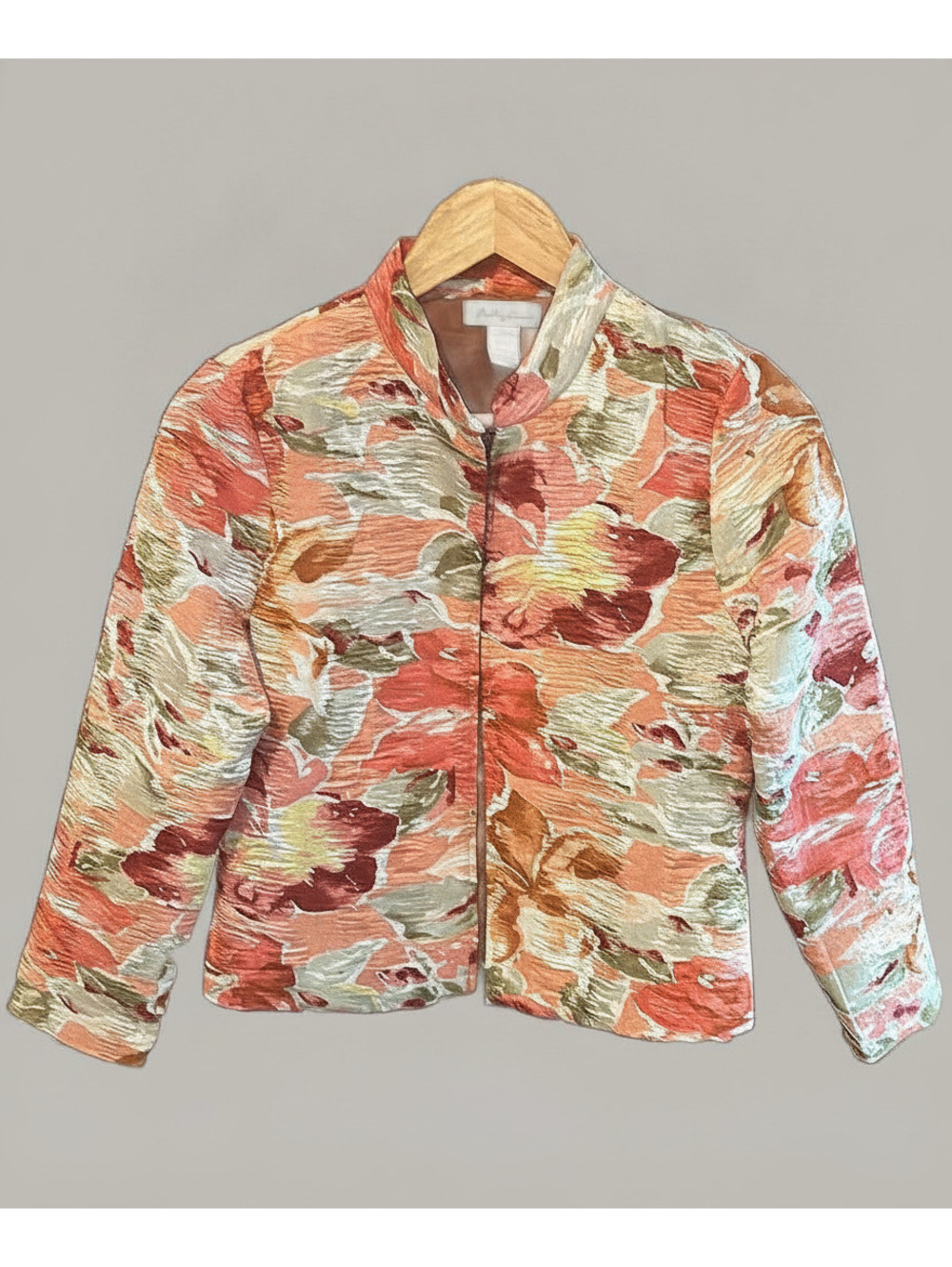 Analogy Womens Careercore Jacket Size PS Pink Orange Floral Textured Zip Front